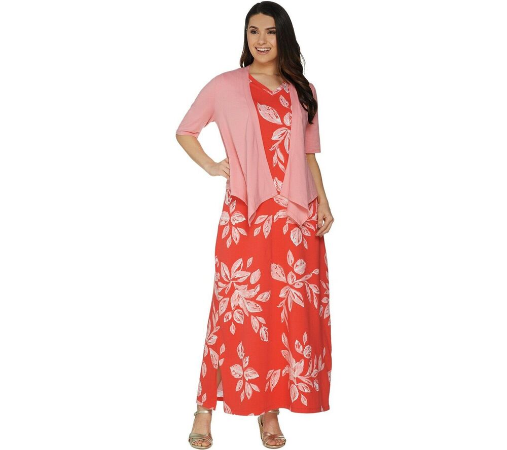 Denim & Co Womens Sleeveless Maxi Dress Small Coral Pink Draped Shrug Set NWOT